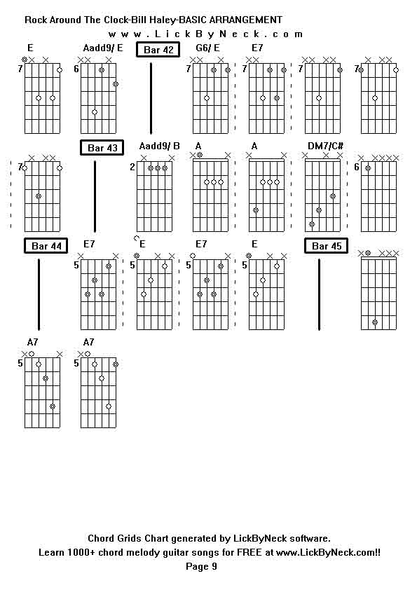 Chord Grids Chart of chord melody fingerstyle guitar song-Rock Around The Clock-Bill Haley-BASIC ARRANGEMENT,generated by LickByNeck software.